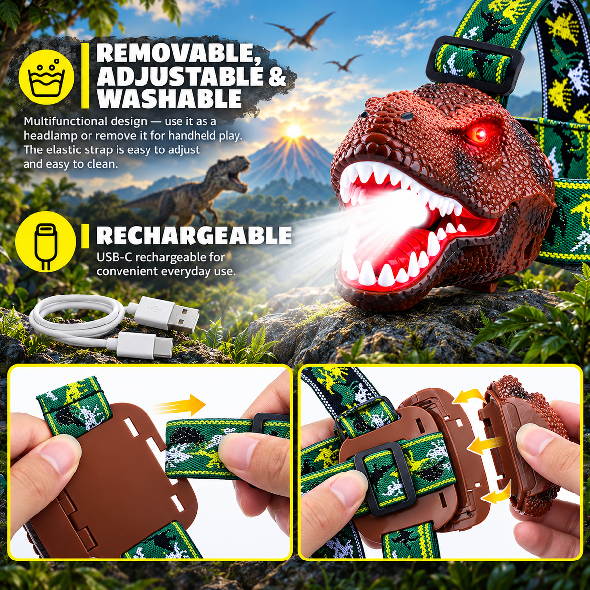 Removable T. rex headlamp with USB-C charging cable