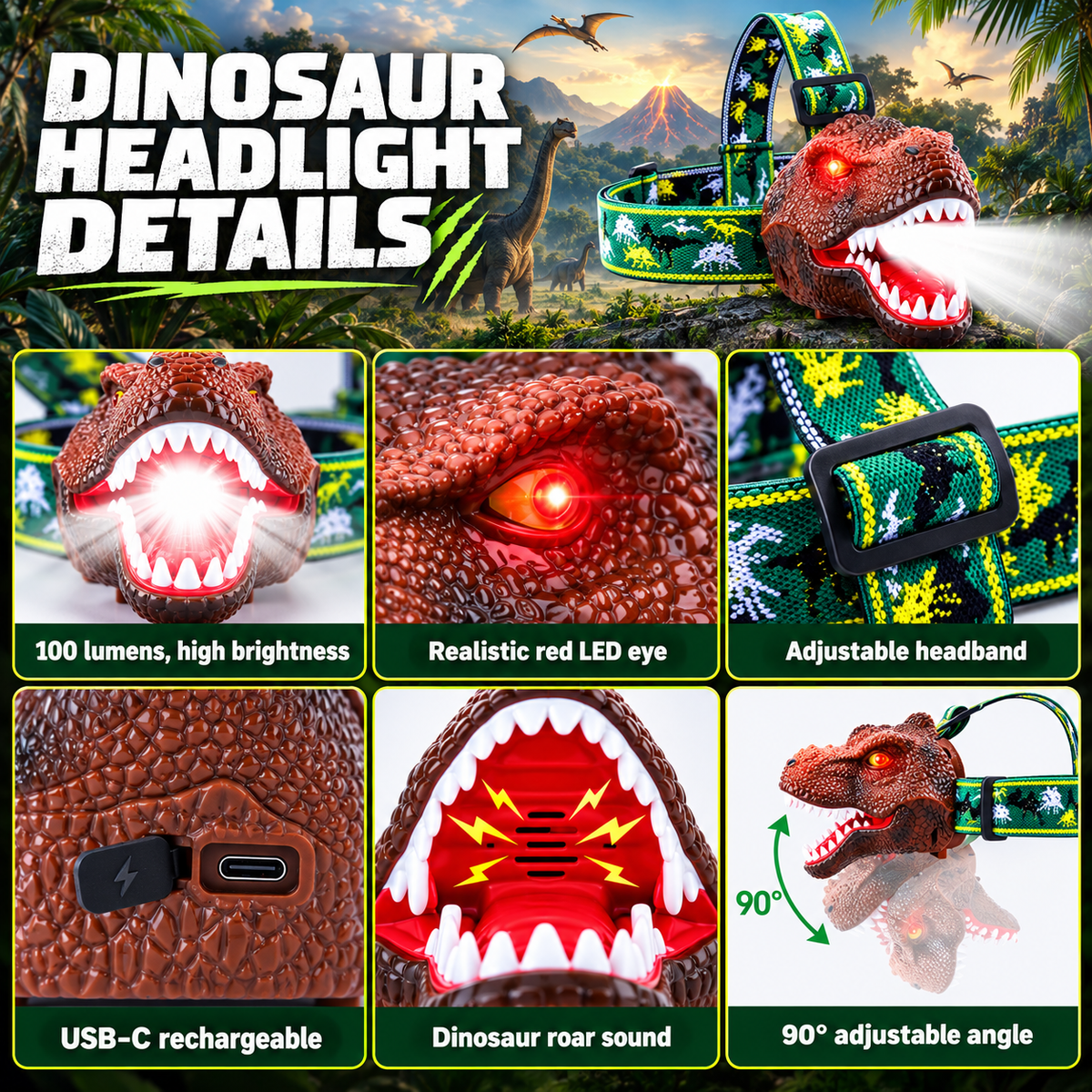 Dinosaur headlamp features: bright LED, red LED eye, roar sound, USB-C charging and 90 degree tilt
