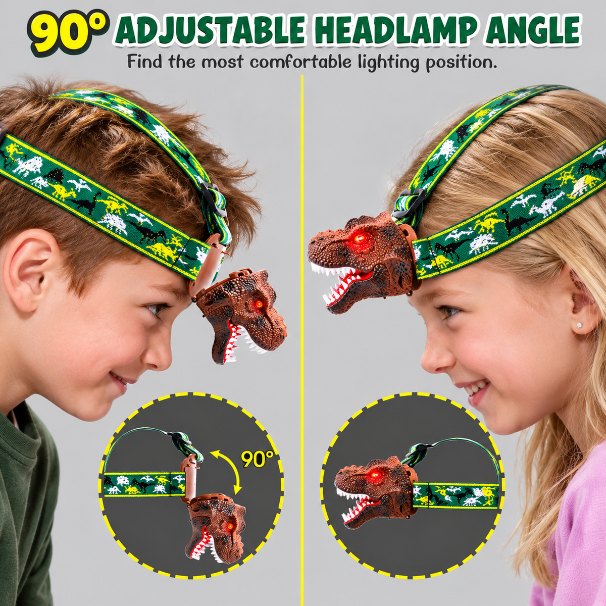 Kids wearing the dinosaur headlamp tilted at a 90 degree angle