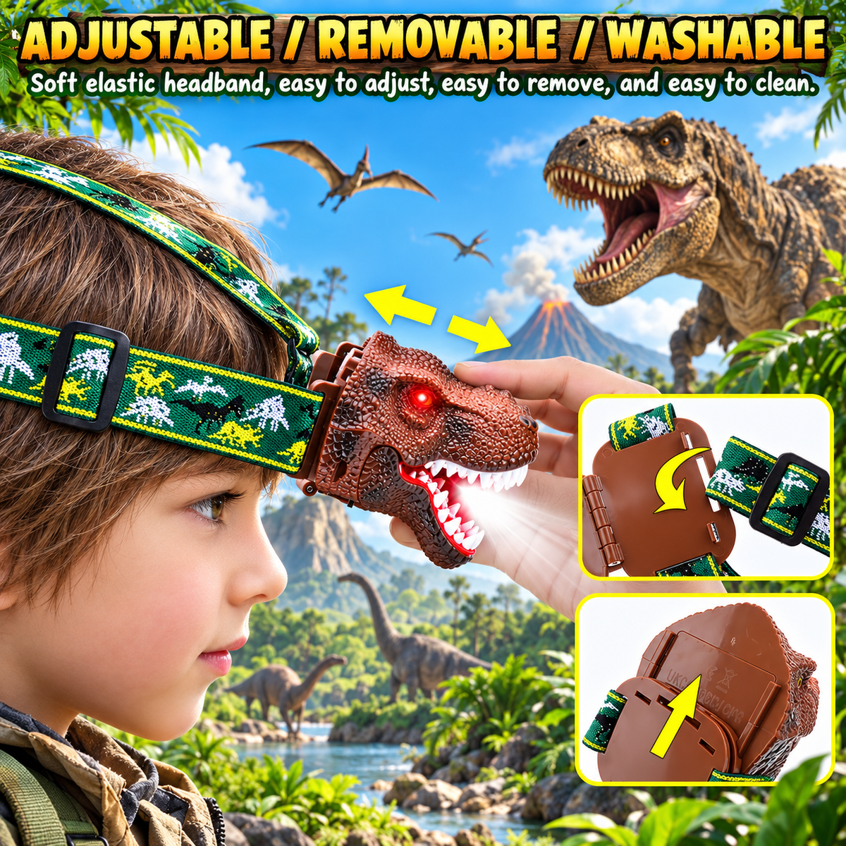 Adjustable, removable and washable headband of the T. rex headlamp