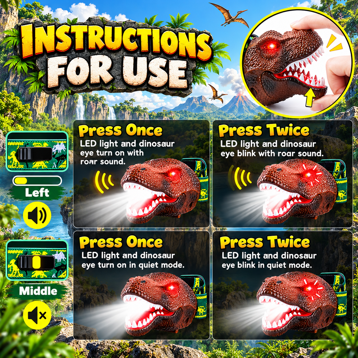 How to use the dinosaur headlamp: press the jaw once or twice, roar mode or quiet mode