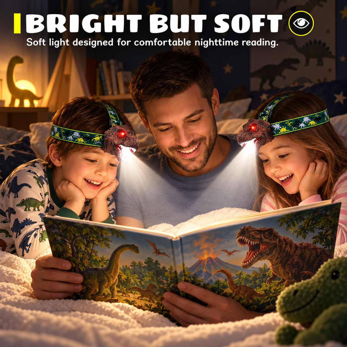 Dad and two kids reading a dinosaur book by the light of T. rex headlamps