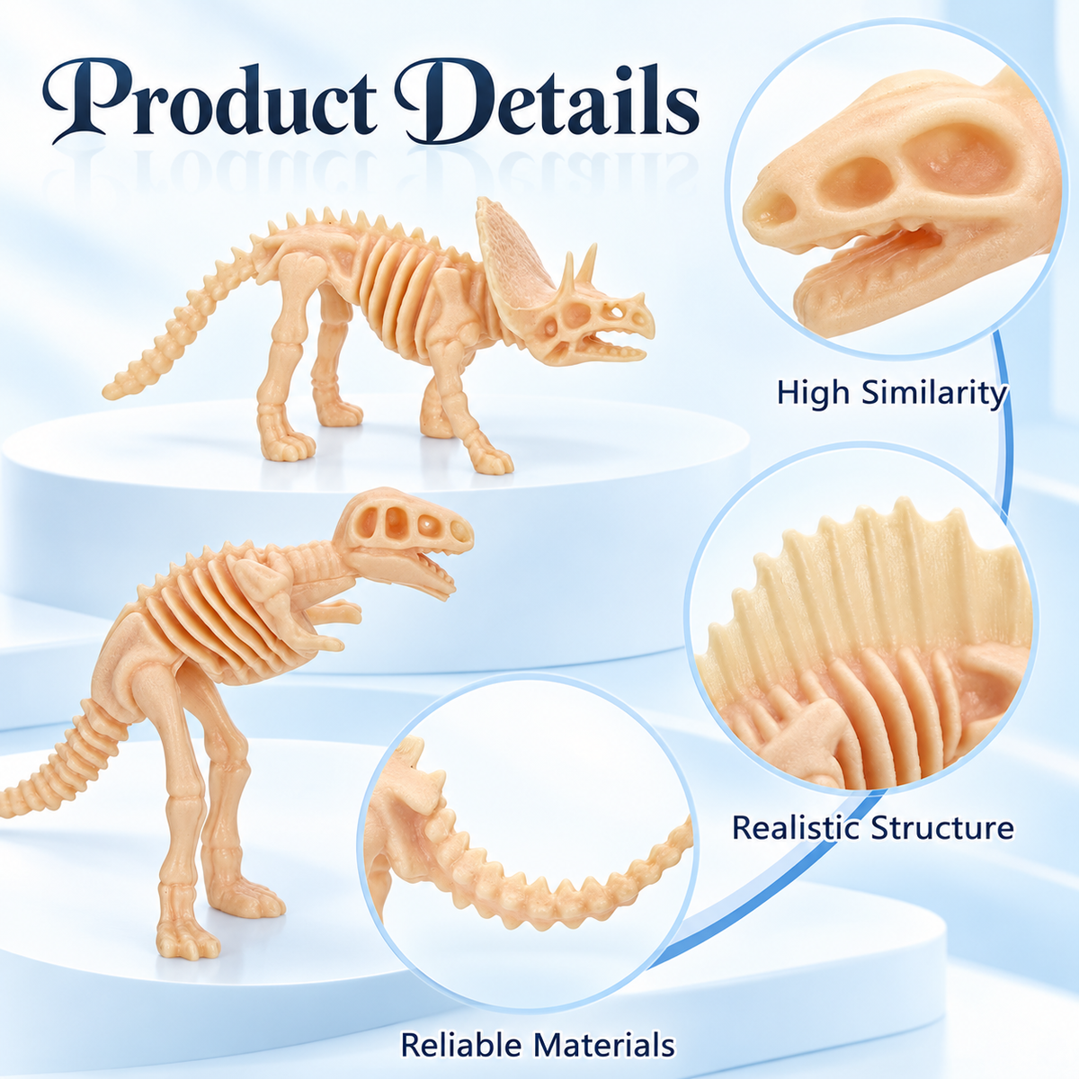 Mini dinosaur skeleton details: realistic bone structure and smooth plastic