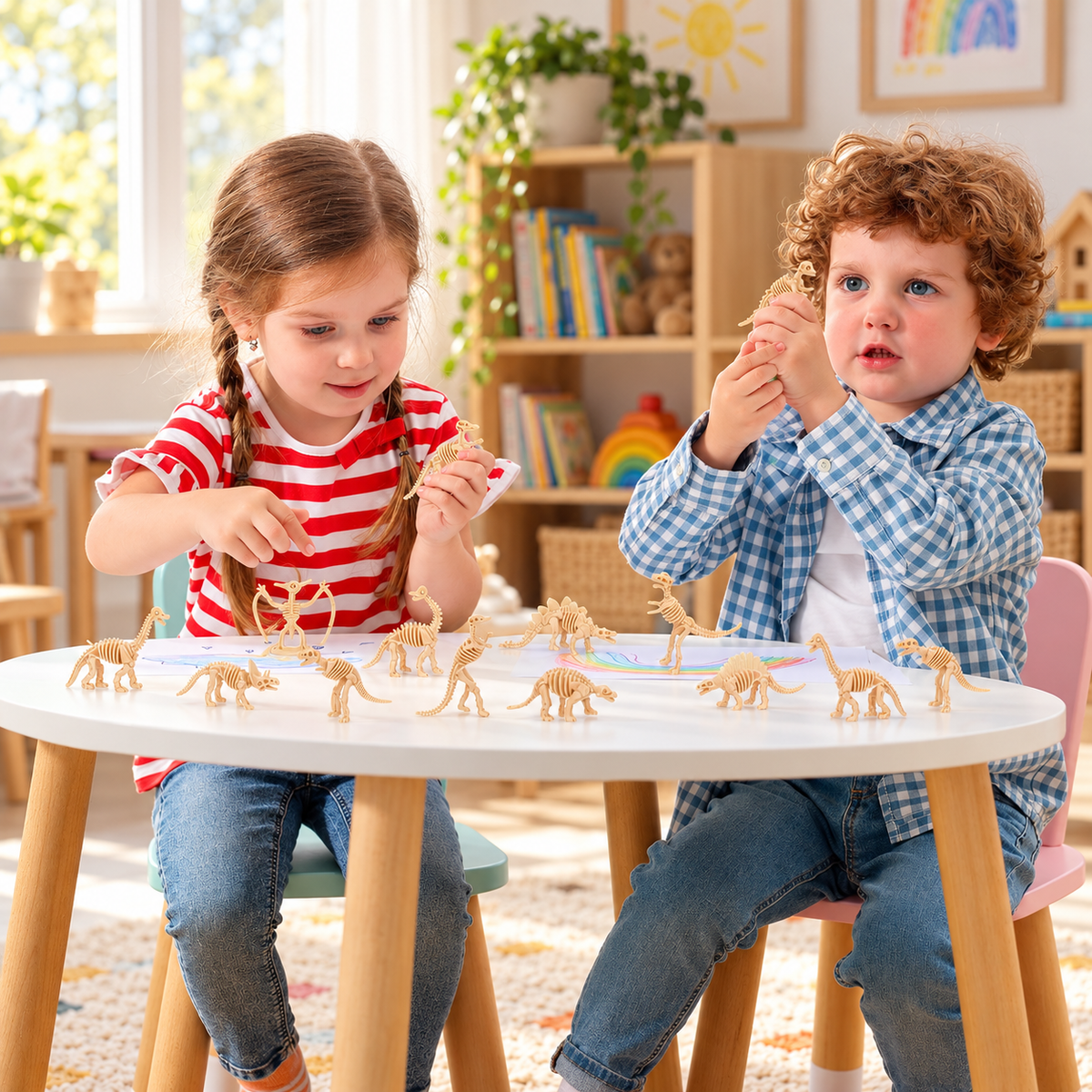 Two kids playing with mini dinosaur skeleton figures at a play table