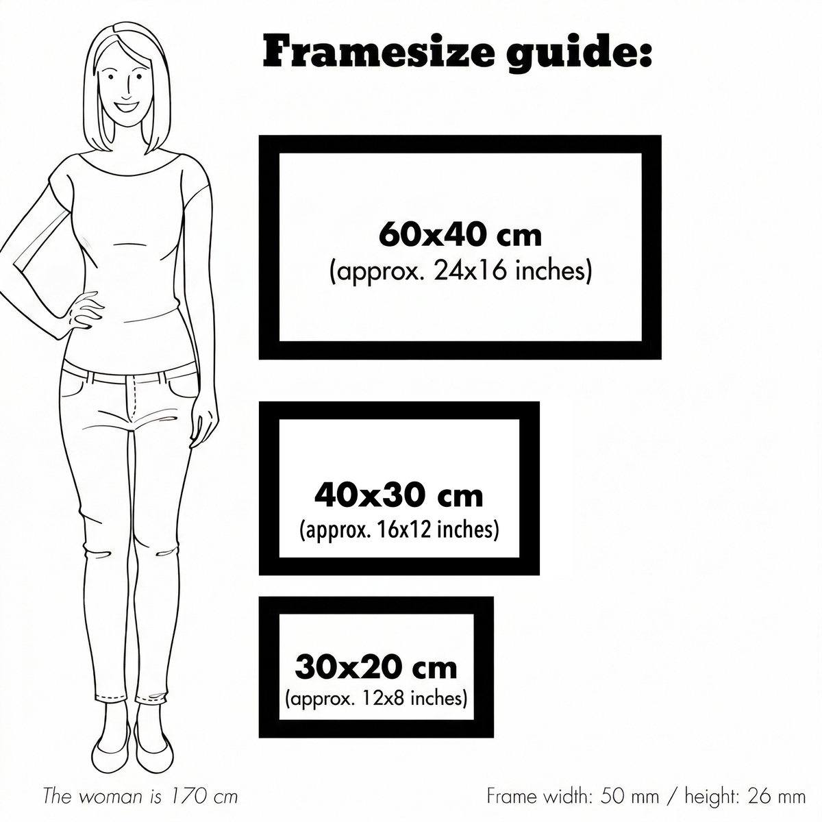Frame size guide for the Sleeping Dinosaurs posters, showing the small, medium and large poster sizes next to a person