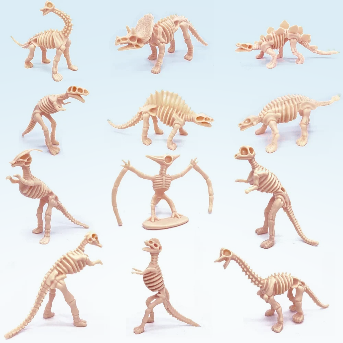All 12 mini dinosaur skeleton figures in 12 different styles