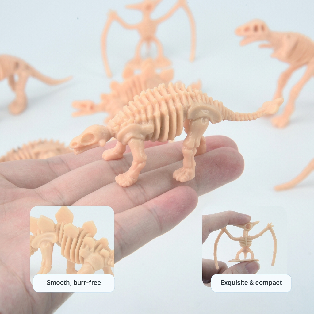 Mini dinosaur skeleton on a palm: smooth, burr-free and compact