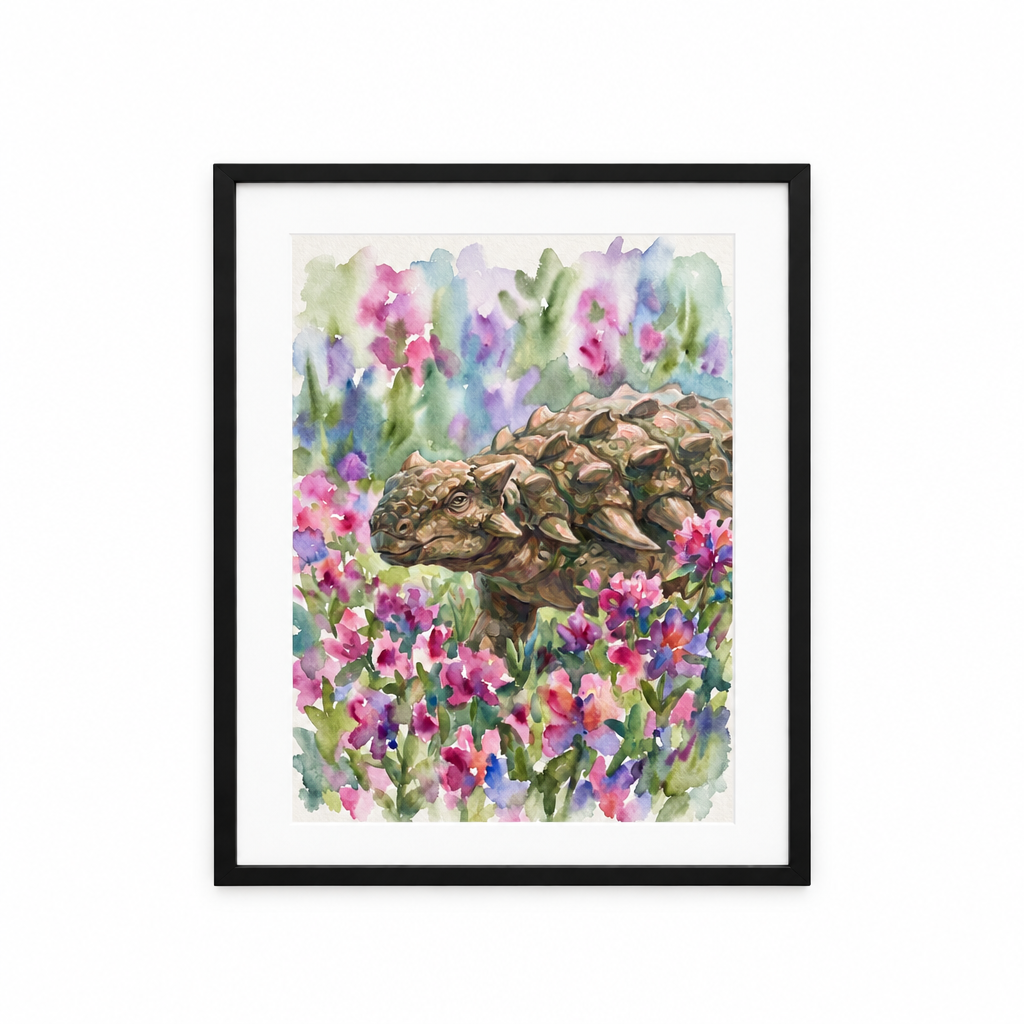 Watercolor Ankylosaurus surrounded by colorful flowers