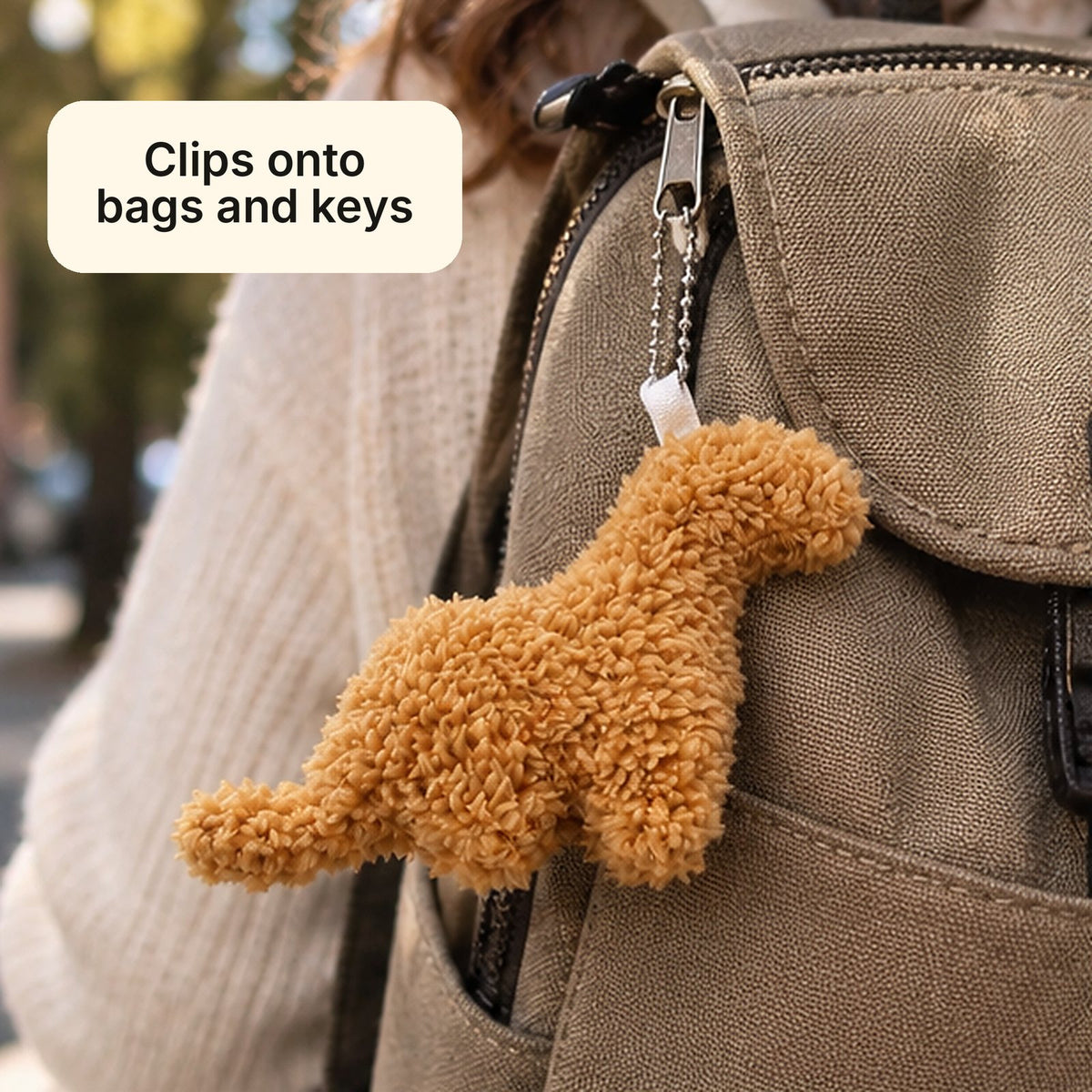 Dino nugget plush keychain clipped to a backpack zipper