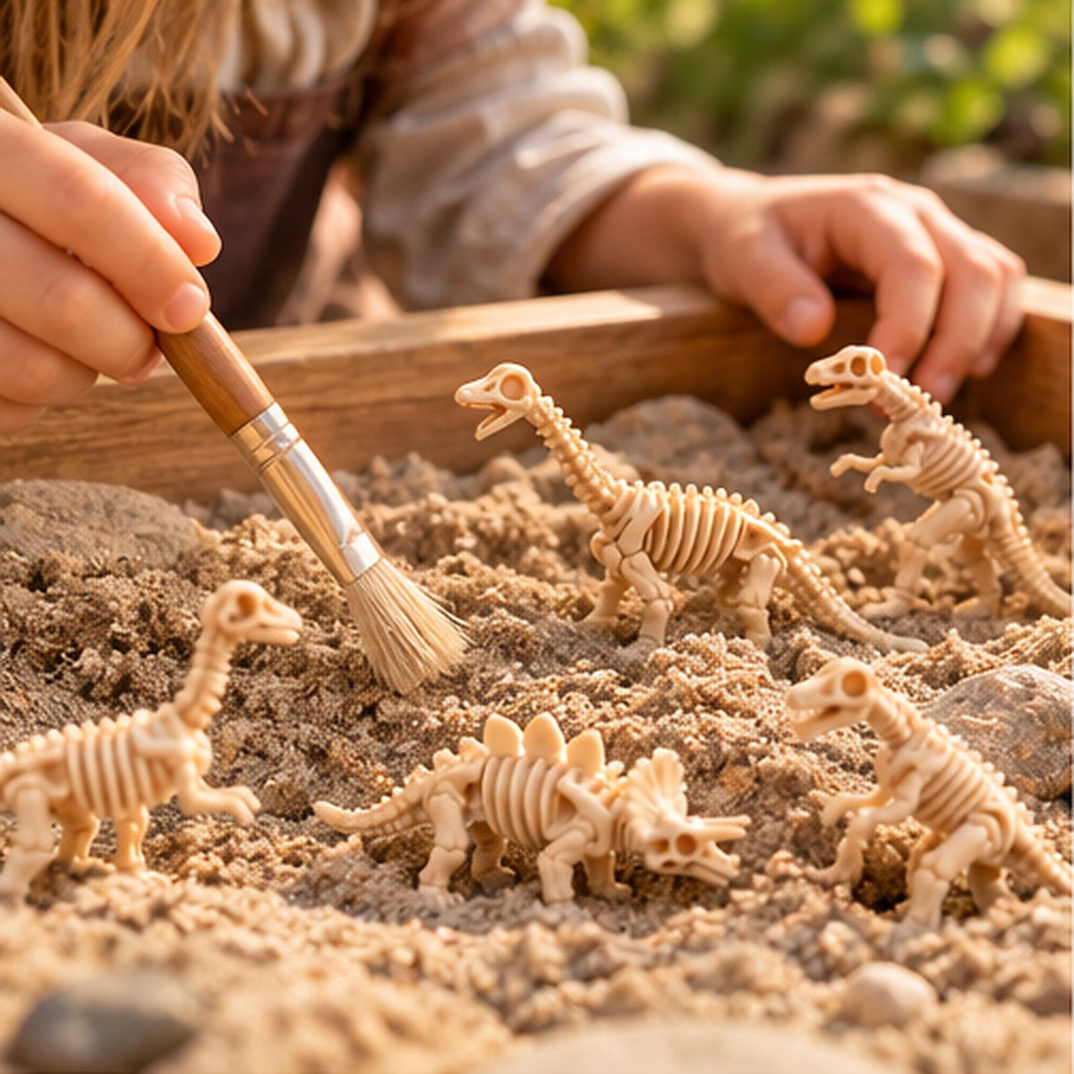 Child brushing sand off mini dinosaur skeletons in a fossil dig box