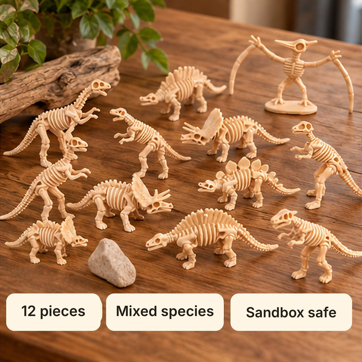 12 mini dinosaur skeletons on a wooden table: mixed species, sandbox safe