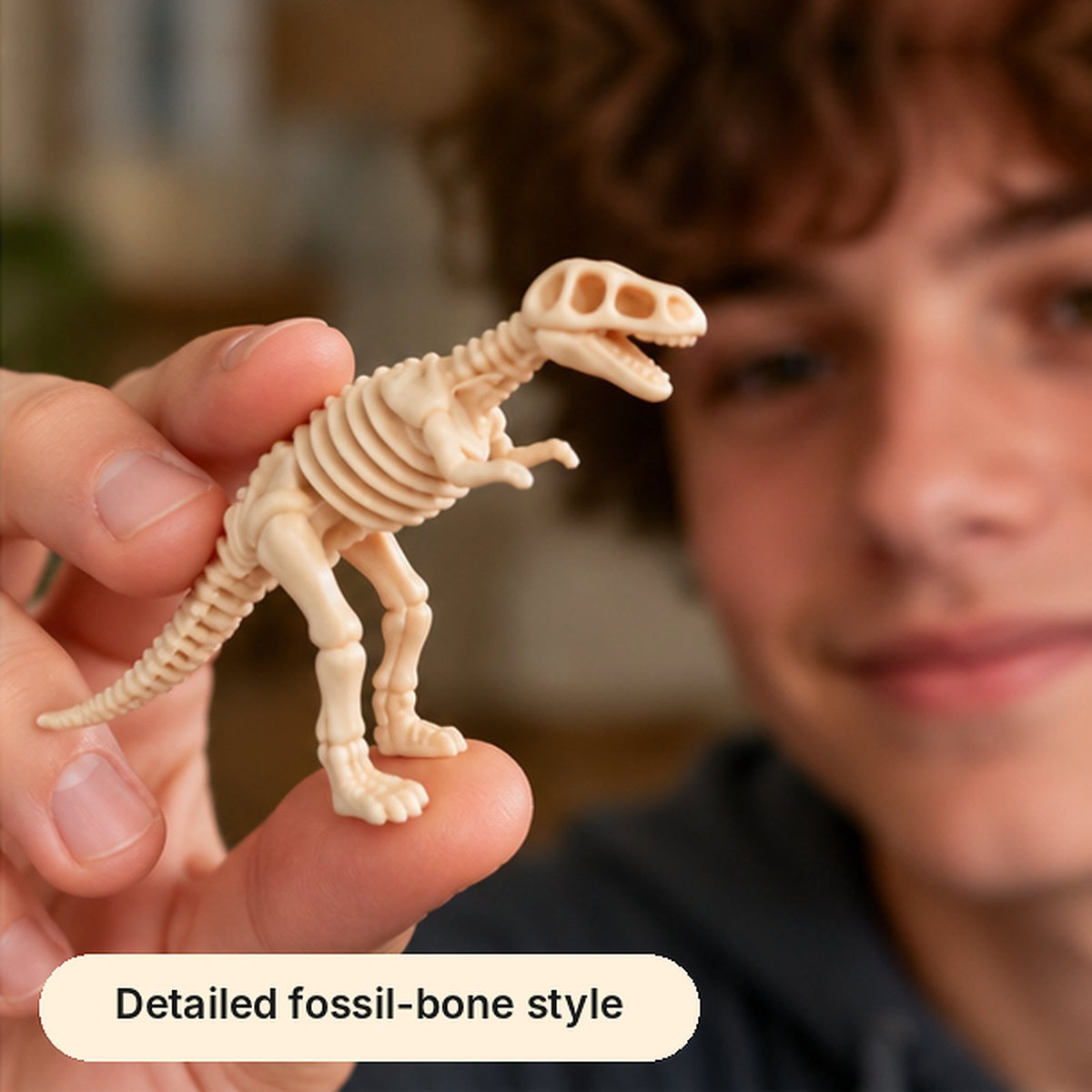 Teen holding a mini T. rex skeleton figure, detailed fossil-bone style