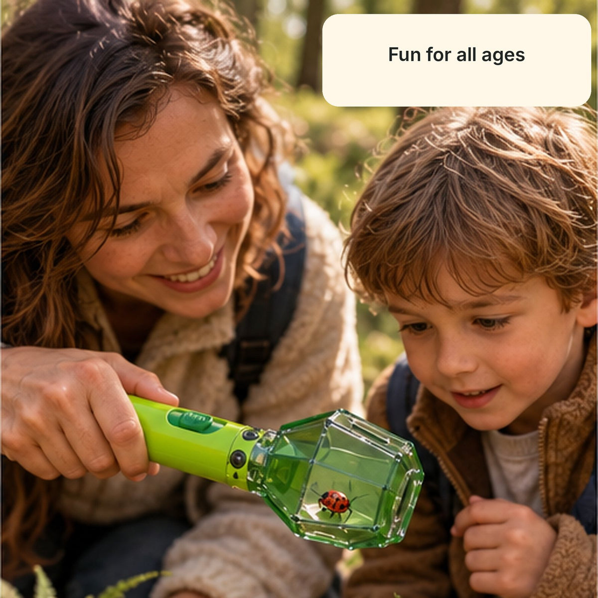 Mother and son looking at a ladybug inside the bug catcher, fun for all ages