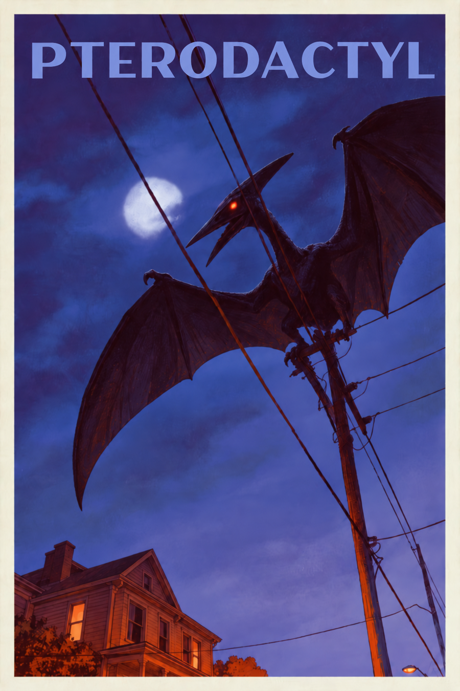 Pteranodon Halloween poster at night above a neighborhood