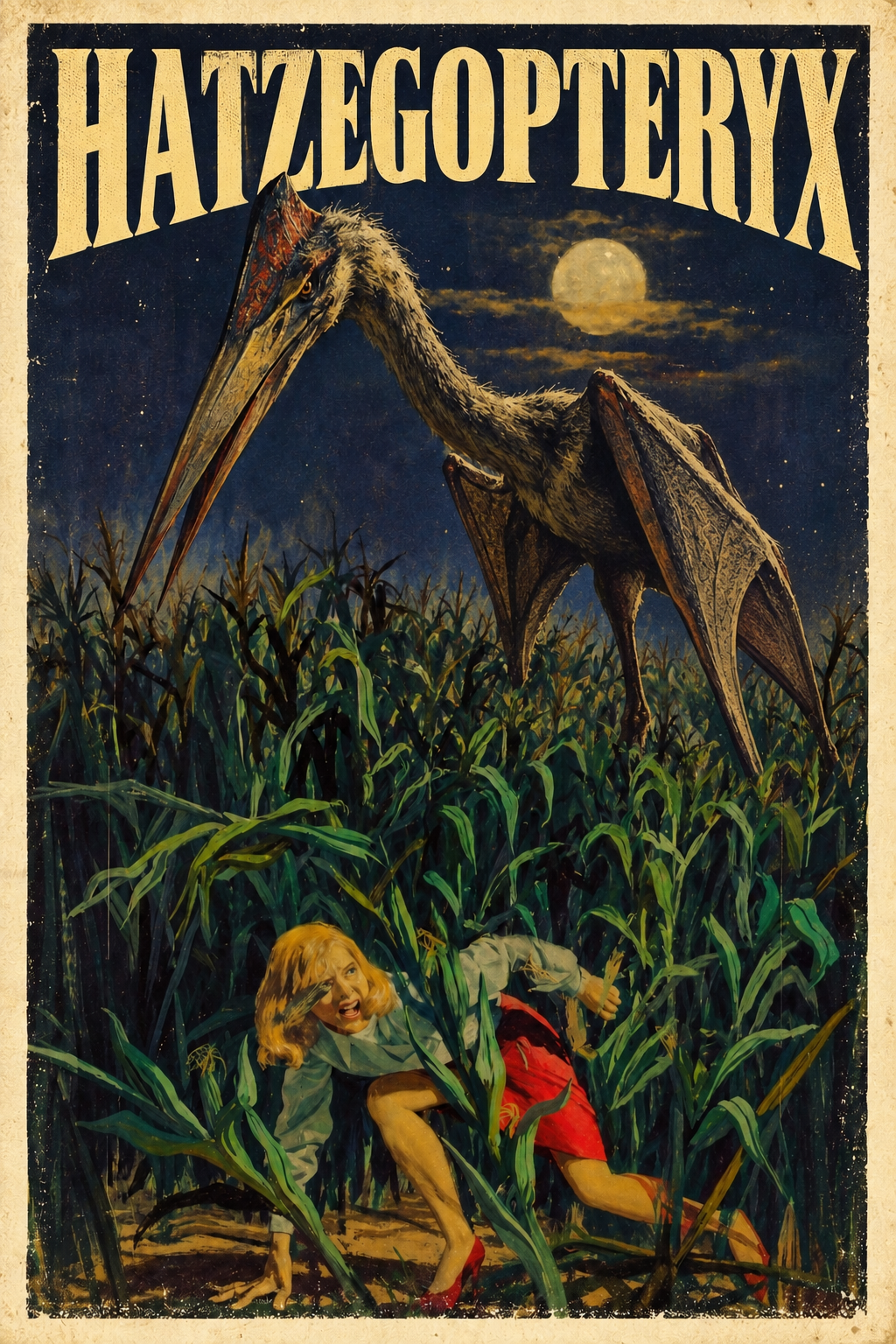Quetzalcoatlus Halloween poster in a moonlit cornfield