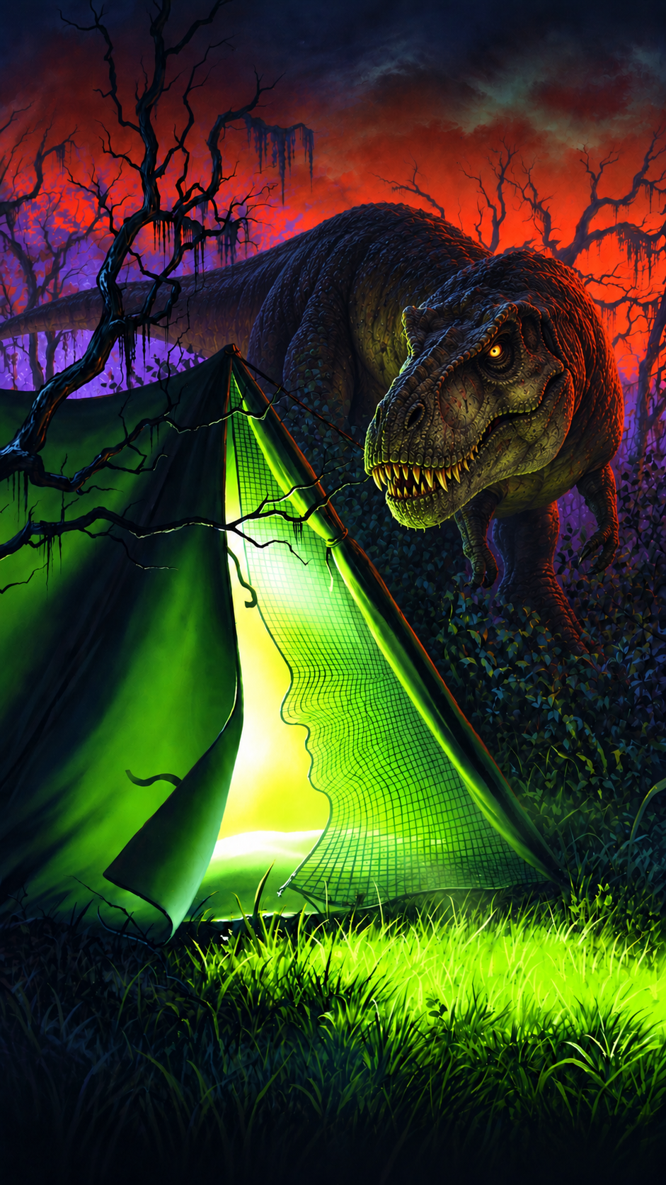 Tyrannosaurus rex Halloween poster beside a glowing tent